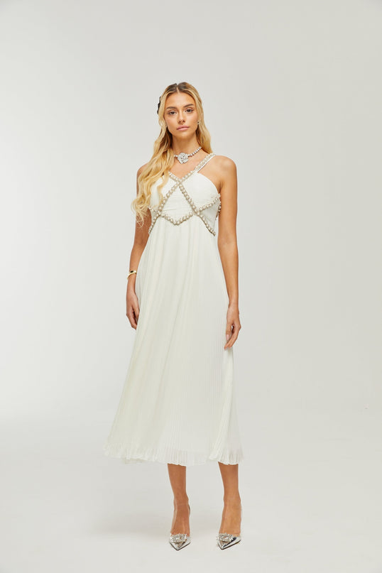Mariah White Crystal Embellished V-neck Midi Dress