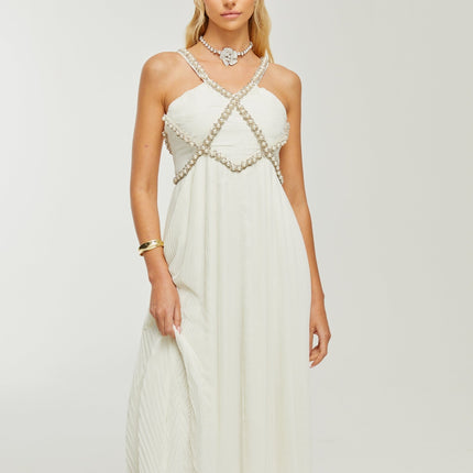 Mariah White Crystal Embellished V-neck Midi Dress