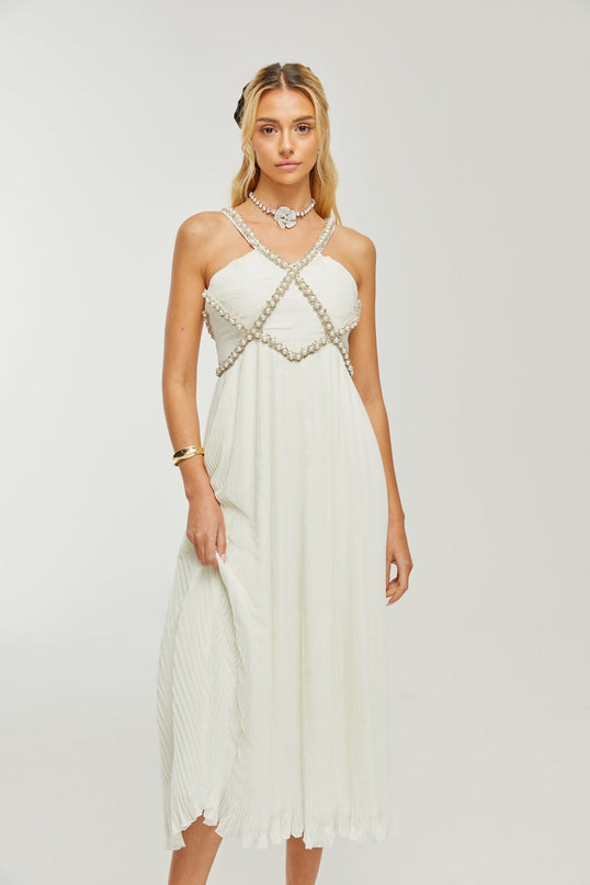 Mariah White Crystal Embellished V-neck Midi Dress