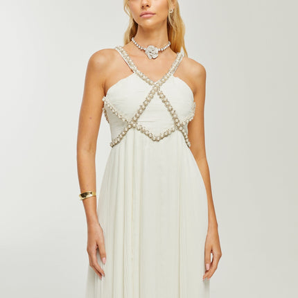 Mariah White Crystal Embellished V-neck Midi Dress