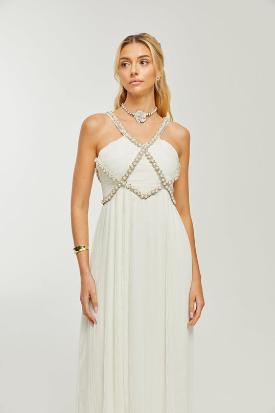 Mariah White Crystal Embellished V-neck Midi Dress