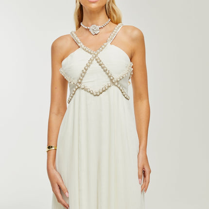 Mariah White Crystal Embellished V-neck Midi Dress