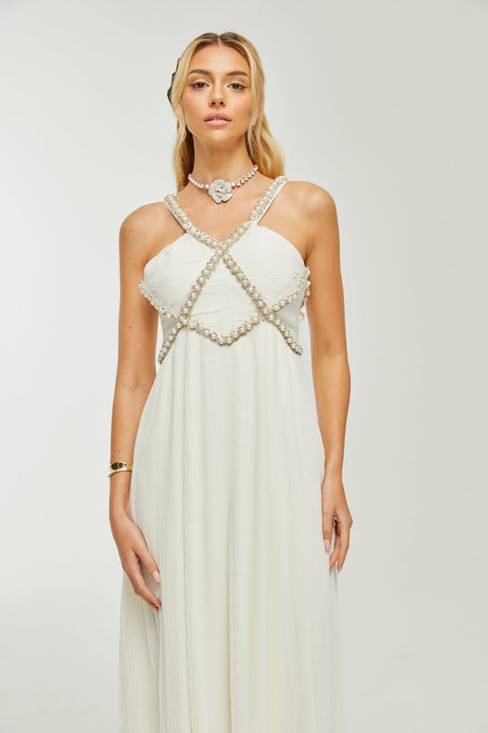 Mariah White Crystal Embellished V-neck Midi Dress