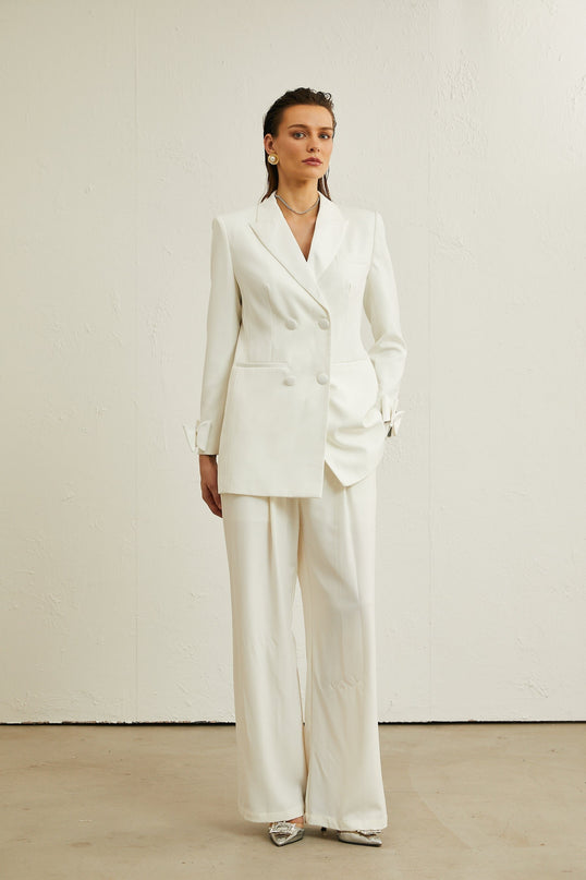 Mariah White Wool Bow Embellished Crystal Coat Jacket