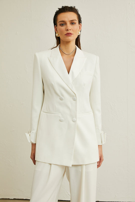 Mariah White Wool Bow Embellished & Crystal Coat