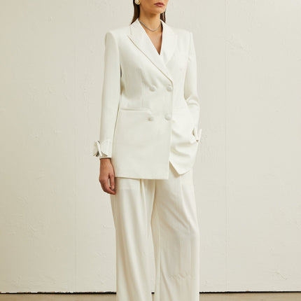 Mariah Wool Bow Embellished & Crystal Coat White Jacket