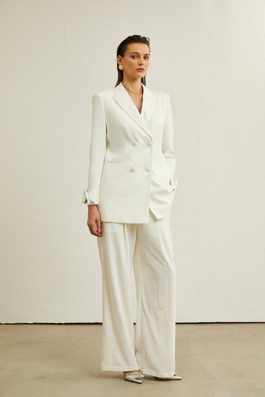 Mariah Wool Bow Embellished & Crystal Coat White Jacket