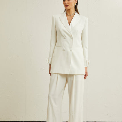 Mariah Wool Bow Embellished & Crystal Coat White Jacket