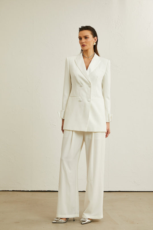 Mariah Wool Bow Embellished & Crystal Coat White Jacket