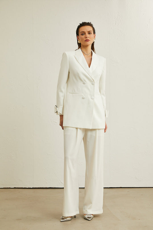 Mariah Wool Bow Embellished & Crystal Coat White Jacket