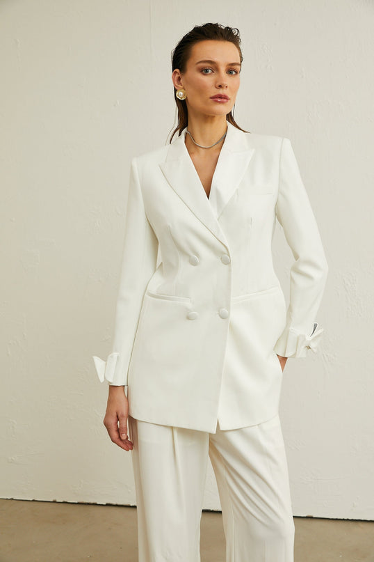 Mariah Wool Bow Embellished & Crystal Coat in White