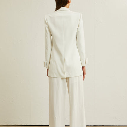 Mariah Wool Bow Embellished & Crystal Coat White Jacket