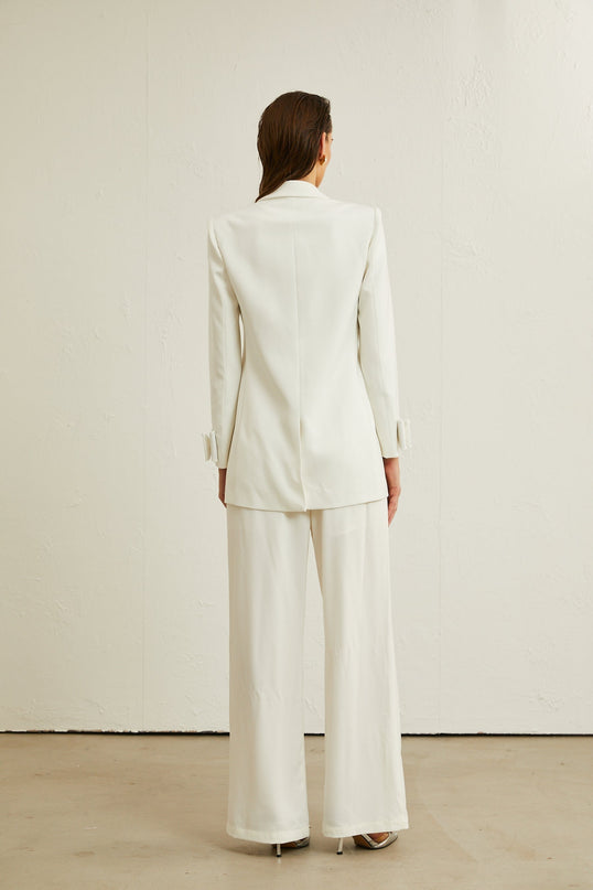 Mariah Wool Bow Embellished & Crystal Coat White Jacket