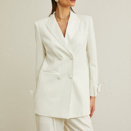 Mariah Wool Bow Embellished & Crystal White Coat