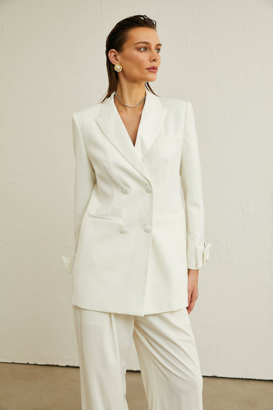 Mariah Wool Bow Embellished & Crystal White Coat