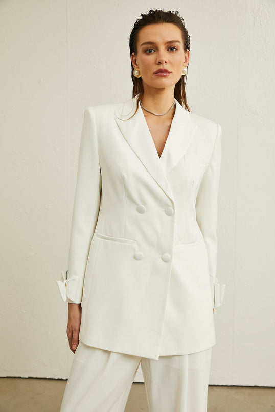 Mariah Wool Bow Embellished & Crystal White Coat