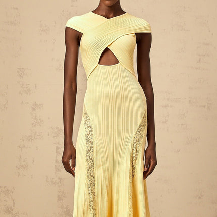 Mariah Yellow Lace Panel Midi Dress