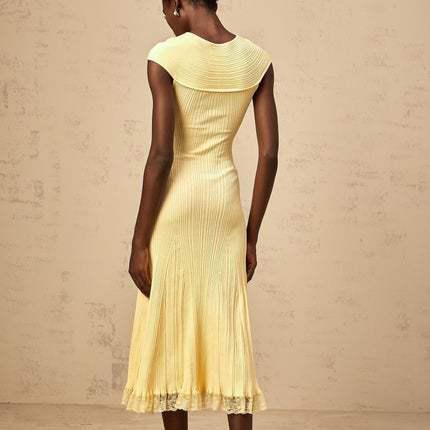 Mariah Yellow Lace Panel Midi Dress Cap Sleeves Criss-Cross Detail