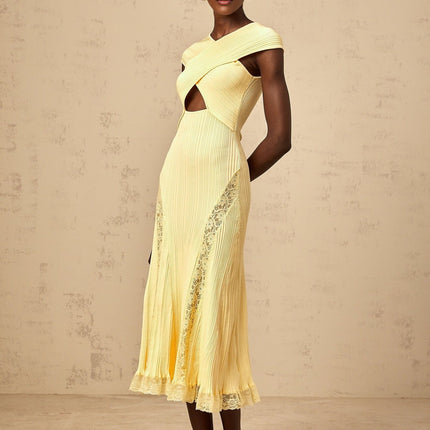 Mariah Yellow Lace Panel Midi Dress Cap Sleeves Criss-Cross Detail Godet Design