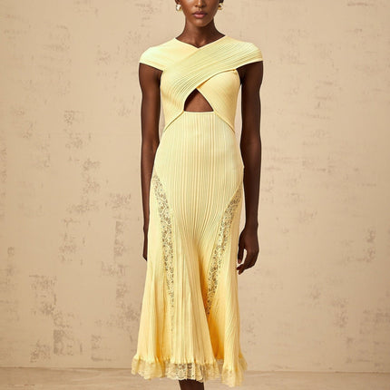 Mariah Yellow Lace Panel Midi Dress Cap Sleeves Criss-Cross Detail Godet Design
