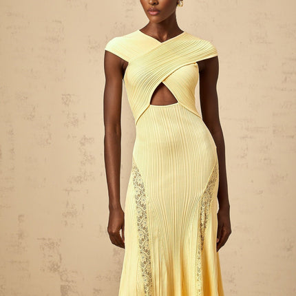 Mariah Yellow Lace Panel Midi Dress