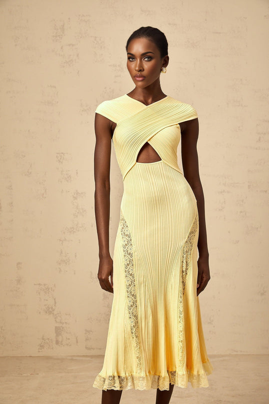 Mariah Yellow Lace Panel Midi Dress