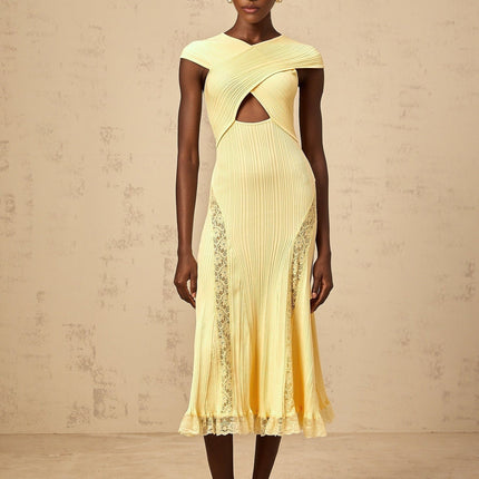 Mariah Yellow Lace Panel Midi Dress Cap Sleeve Criss-Cross Detail Godet Design
