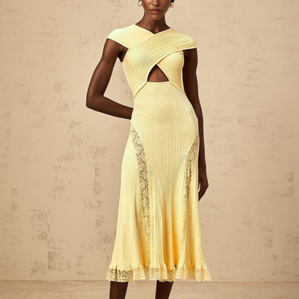 Mariah Yellow Lace Panel Midi Dress Cap Sleeves Criss-Cross Detail Godet Design