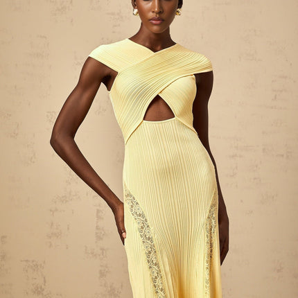 Mariah Yellow Lace Panel Midi Dress Cap Sleeve Criss-Cross Detail