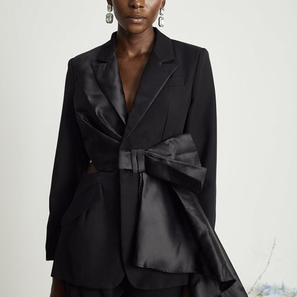 Mariangela Black Oversize Bow Tie Blazer with Peak Lapels and Cut-Out Design