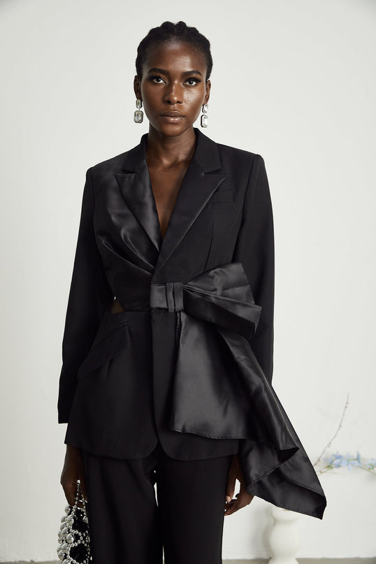 Mariangela Black Oversize Bow Tie Blazer with Peak Lapels and Cut-Out Design