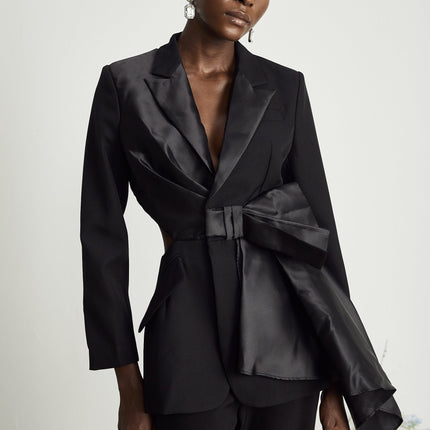 Mariangela Black Oversize Bow Tie Blazer peak lapels long sleeves cut-out design press-stud fastening side inset pockets Polyester Spandex versatile essential