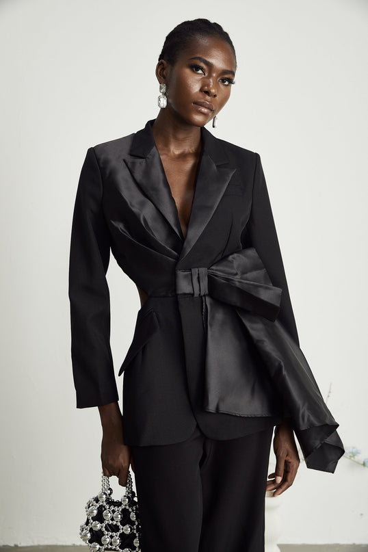 Mariangela Black Oversize Bow Tie Blazer peak lapels long sleeves cut-out design press-stud fastening side inset pockets Polyester Spandex versatile essential