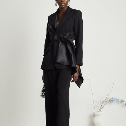Mariangela Black Oversize Bow Tie Blazer peak lapels long sleeves cut-out design press-stud fastening side inset pockets luxurious blend Polyester Spandex versatile essential fashion-forward individual timeless style