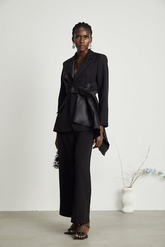 Mariangela Black Oversize Bow Tie Blazer peak lapels long sleeves cut-out design press-stud fastening side inset pockets luxurious blend Polyester Spandex versatile essential fashion-forward individual timeless style