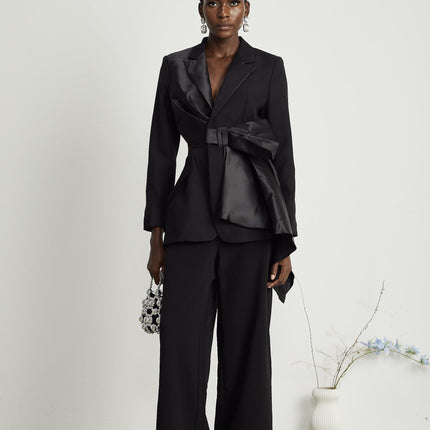 Mariangela Black Oversize Bow Tie Blazer with Peak Lapels and Cut-Out Design