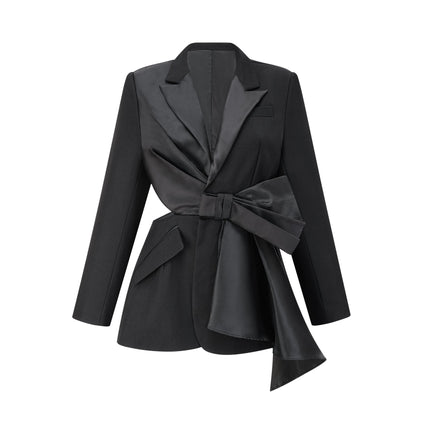 Mariangela Black Oversize Bow Tie Blazer peak lapels long sleeves cut-out design press-stud fastening inset pockets Polyester Spandex versatile essential
