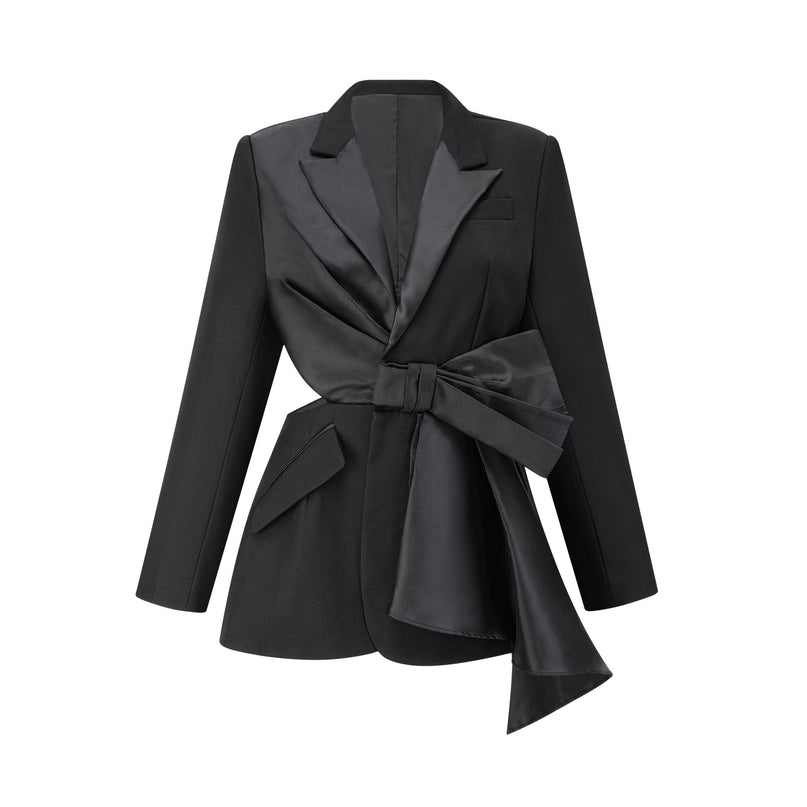 Mariangela Black Oversize Bow Tie Blazer peak lapels long sleeves cut-out design press-stud fastening inset pockets Polyester Spandex versatile essential