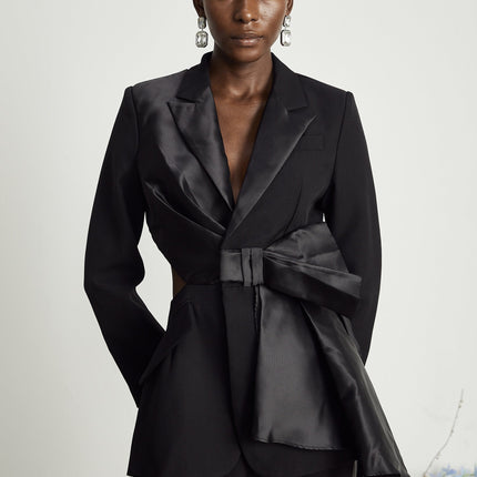 Mariangela Black Oversize Bow Tie Blazer peak lapels long sleeves cut-out design press-stud fastening inset pockets Polyester Spandex versatile essential fashion-forward Mariangela Oversize Bow Tie Blazer