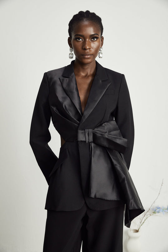 Mariangela Black Oversize Bow Tie Blazer peak lapels long sleeves cut-out design press-stud fastening inset pockets Polyester Spandex versatile essential fashion-forward Mariangela Oversize Bow Tie Blazer