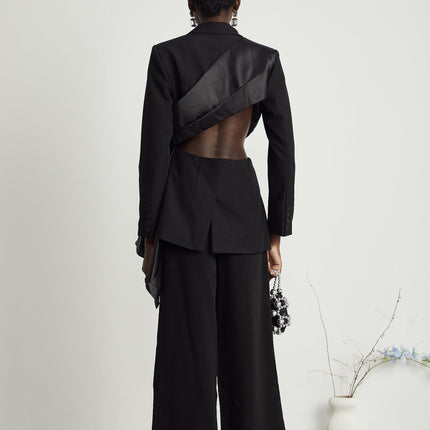 Mariangela Black Oversize Bow Tie Blazer peak lapels long sleeves cut-out design press-stud fastening side inset pockets Polyester Spandex versatile essential