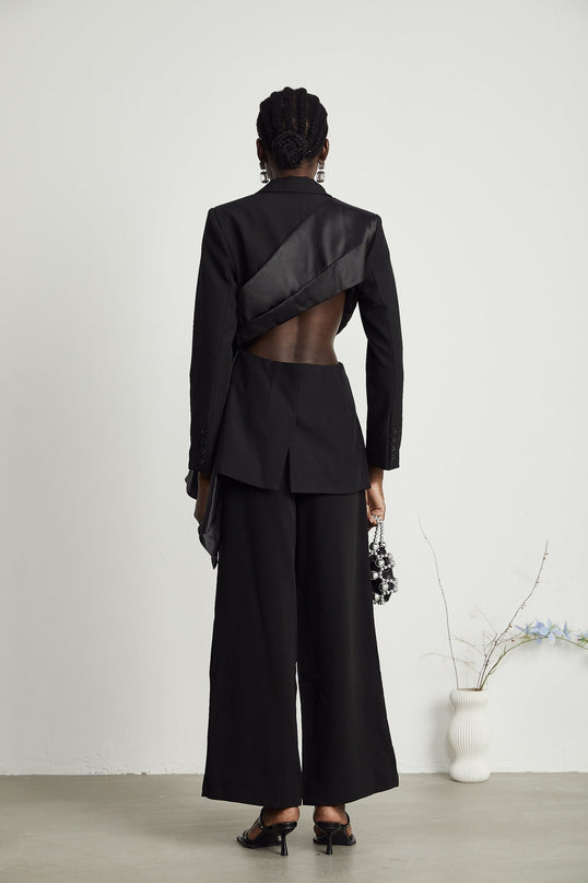 Mariangela Black Oversize Bow Tie Blazer peak lapels long sleeves cut-out design press-stud fastening side inset pockets Polyester Spandex versatile essential