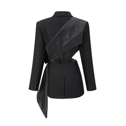 Mariangela Black Oversize Bow Tie Blazer with Peak Lapels and Cut-Out Design