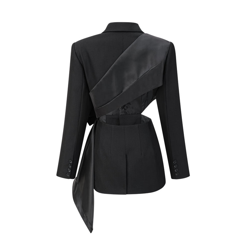 Mariangela Black Oversize Bow Tie Blazer with Peak Lapels and Cut-Out Design