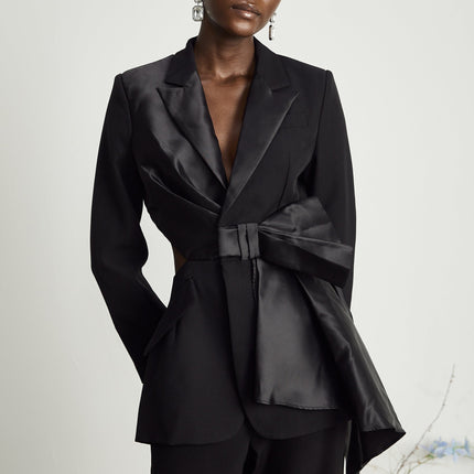 Mariangela Black Oversize Bow Tie Blazer with Peak Lapels and Cut-Out Design