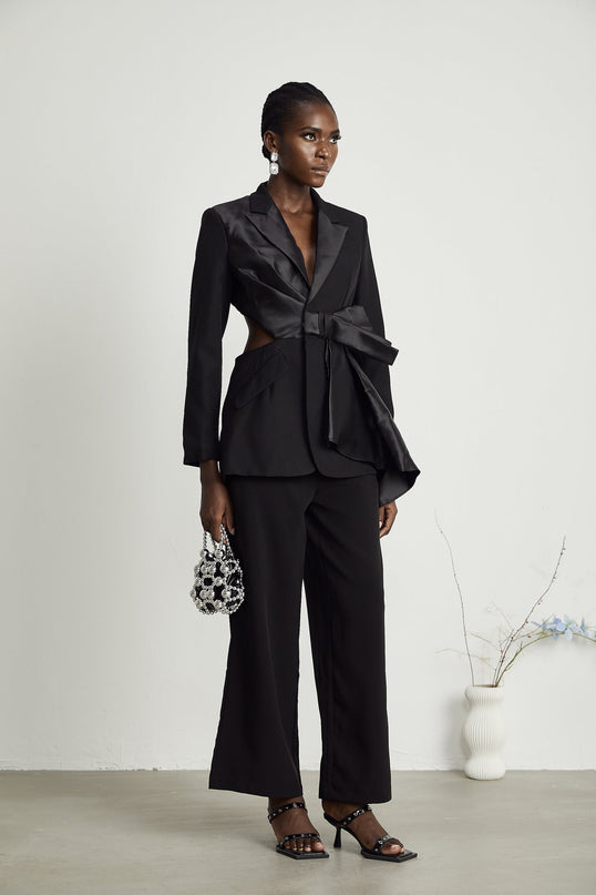 Mariangela Black Oversize Bow Tie Blazer with Peak Lapels and Cut-Out Design