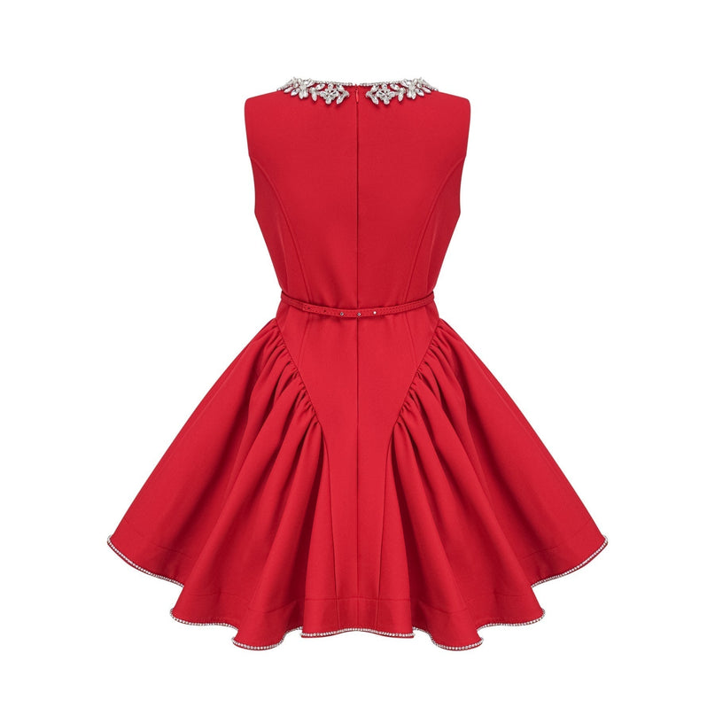 Mariangela Red Crystal Pleated Mini Dress Thigh Length