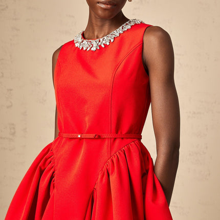 Mariangela Red Crystal Pleated Mini Dress Thigh Length