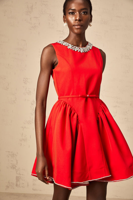 Mariangela Red Crystal Pleated Mini Dress Thigh Length