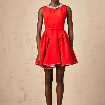 Mariangela Red Crystal Pleated Mini Dress Thigh Length